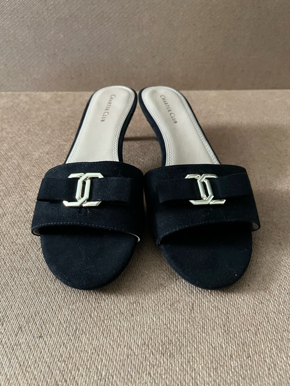 Black Slip-On Suede Slides with Gold Accent
